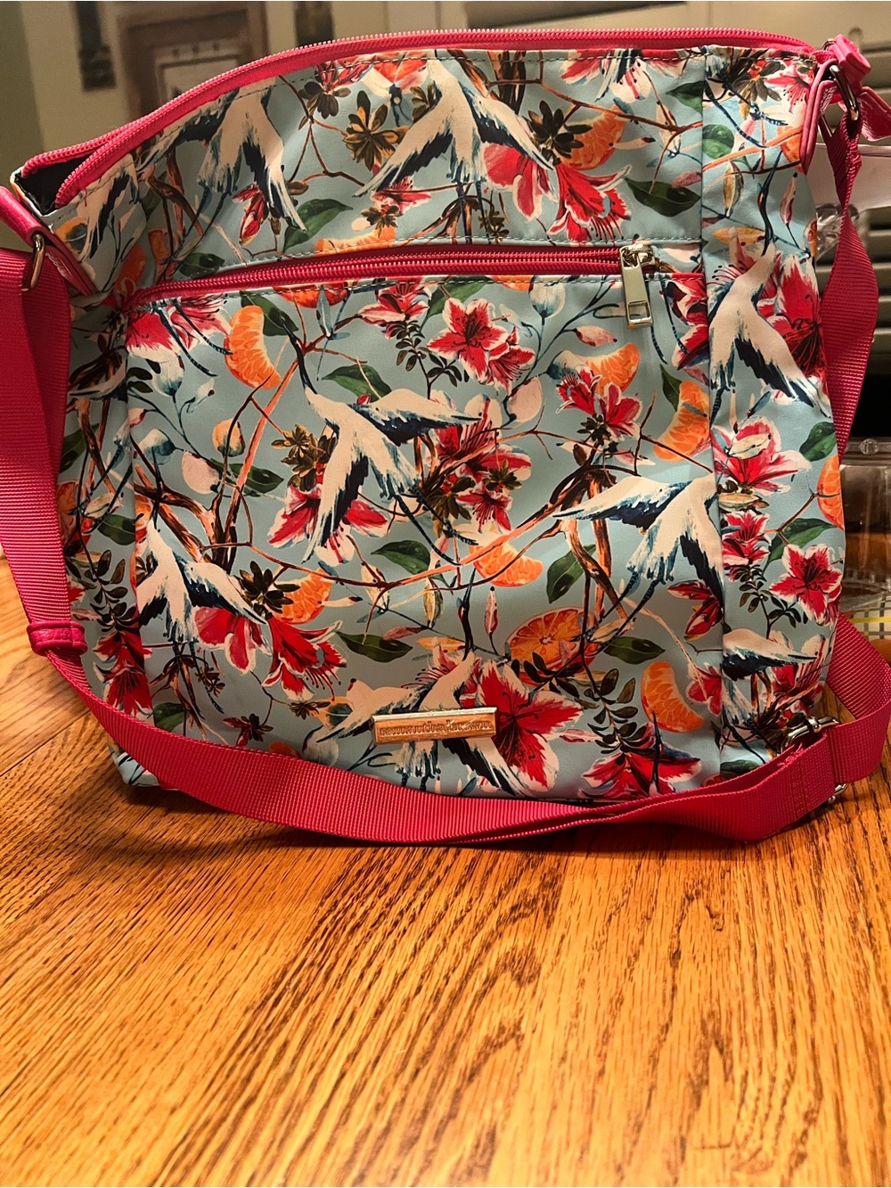 Samantha Brown Tropical Floral Crossbody Bag with Pink Strap